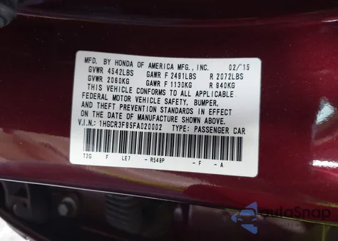 2015 Honda Accord Touring from USA, damaged, VIN 1HGCR3F95FA020002